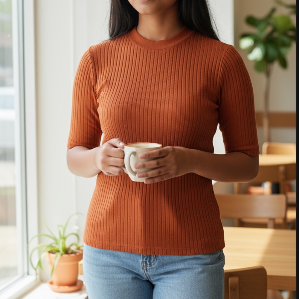 Pendleton Orange Ribbed Short Sleeve Sweater Size S